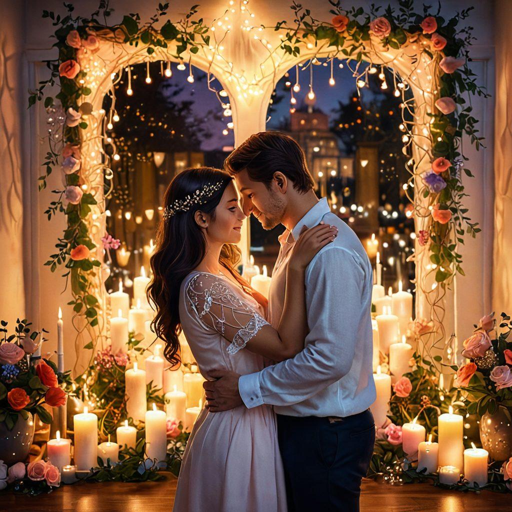 A warm, inviting scene of a couple sharing a tender moment, surrounded by symbols of love like hearts and intertwined vines. In the background, glowing candles and soft fairy lights create an intimate atmosphere. The couple is exchanging heartfelt glances, emphasizing connection and intimacy. Soft pastels and romantic tones dominate the color palette. super-realistic. vibrant colors. cozy atmosphere.