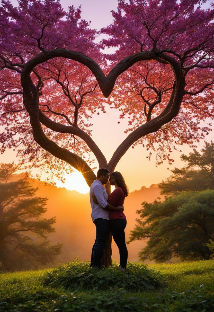 A heart-shaped tree symbolizing love and connection, interwoven with glowing orbs representing relationship tips. Surrounding the tree are diverse couples engaged in heartfelt conversations, showcasing empowerment and growth. Soft light filters through the leaves, creating a warm and inviting atmosphere. A vibrant sunset in the background adds a touch of romance and warmth. super-realistic. vibrant colors.